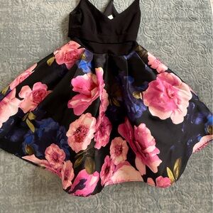 B Darlin Black Dress with Pink and Blue Floral Design